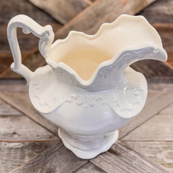Vintage Arnel’s Victorian Style White Pottery Pitcher, Large, 10” x 10” - Picture 3 of 11